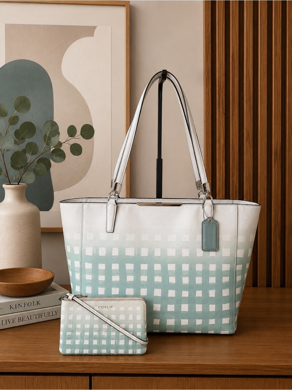 Coach Madison Gingham Saffiano Shoulder Tote Bag with Free wristlet